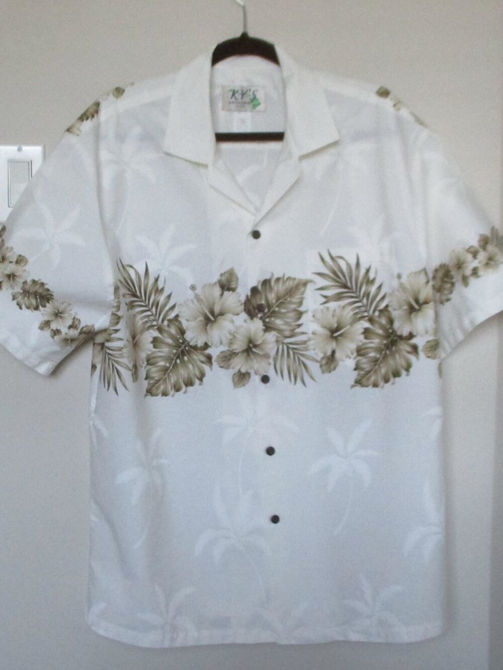 Vtg Mens Hawaiian Shirt XL White Brown Print Cotton, KY's Made in Hawaii
